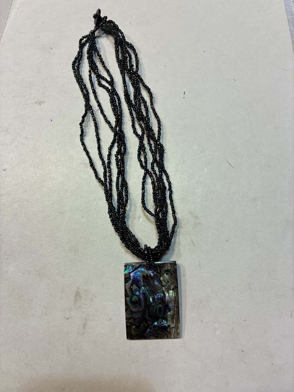 Vintage Abalone Shell Rectangle Pendant Multi-Strand Seed Bead Necklace